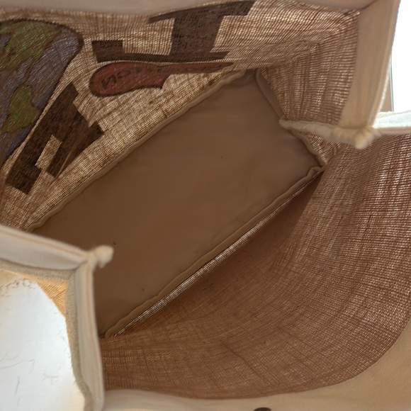 Brighton Earth Love Tote Burlap/Leather 13" x 15" LOVE MAKES EARTH GO ROUND - Picture 9 of 10